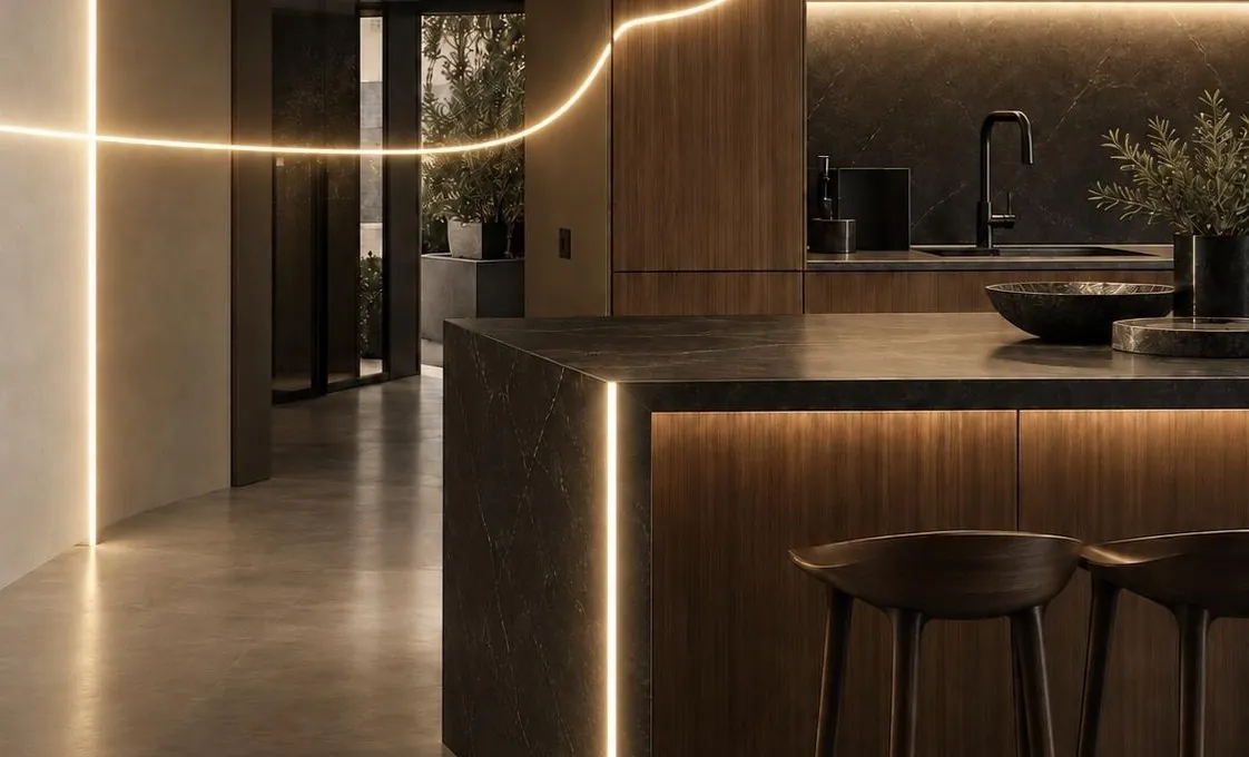 Cucina con isola e corridoio illuminati da linee di luce LED integrate nell’arredo