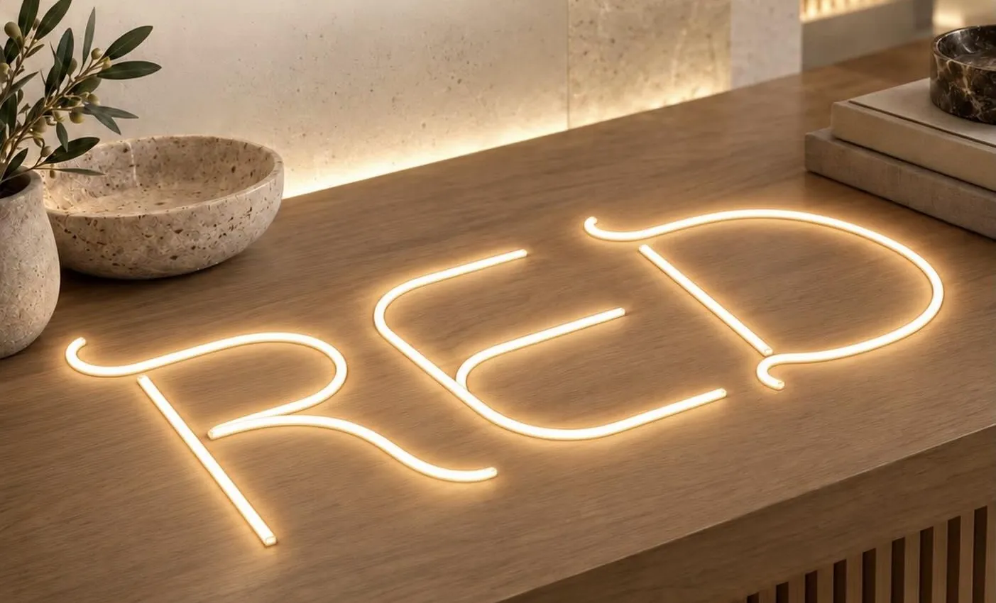 Scritta RED realizzata con neon siliconico su un piano in legno